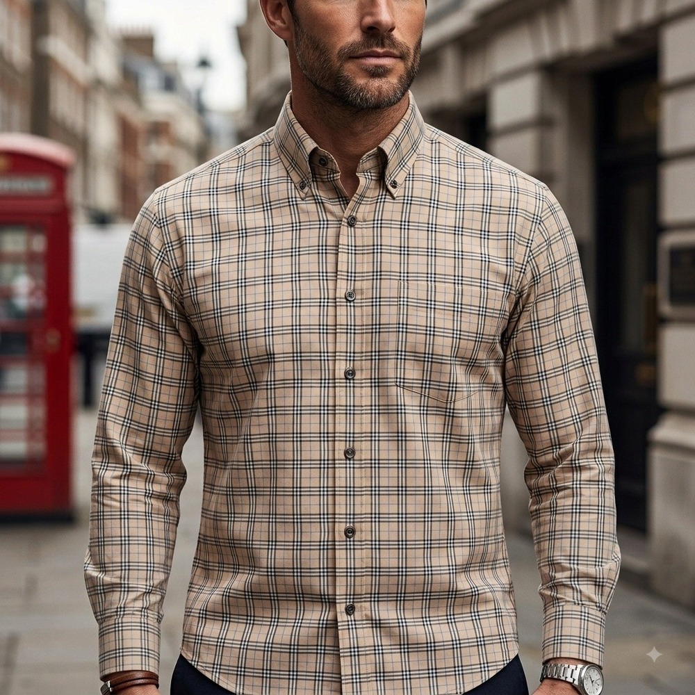 Burberry London Button Down Shirt Mens S Tan‎ Nova Check Long Sleeve Made in USA